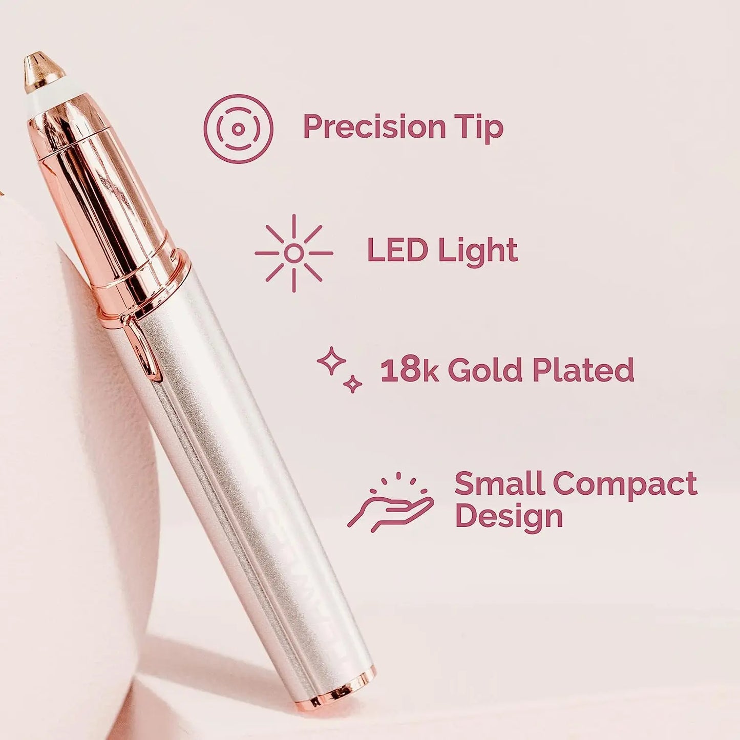 Finishing Touch Flawless Brows Precision Eyebrow Trimmer Electric Hair Remover 18K Gold Plated Shaving Head for Sensitive Skin - Battery Included, White